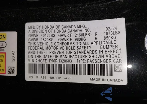 2024 Honda Civic Touring from USA, damaged, VIN 2HGFE1F90RH328603